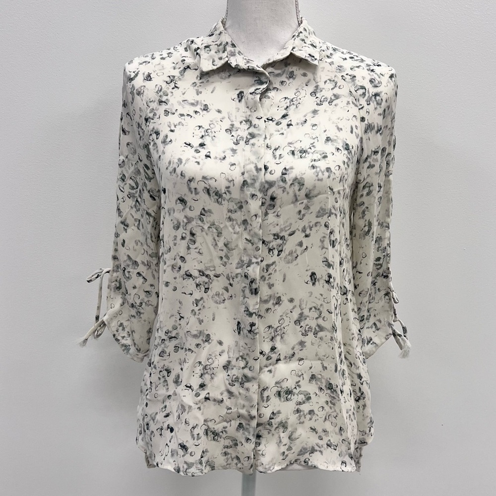 Zara Blue/ Off White 3/4 Sleeve Cold Shoulder Button Down Blouse Size XS